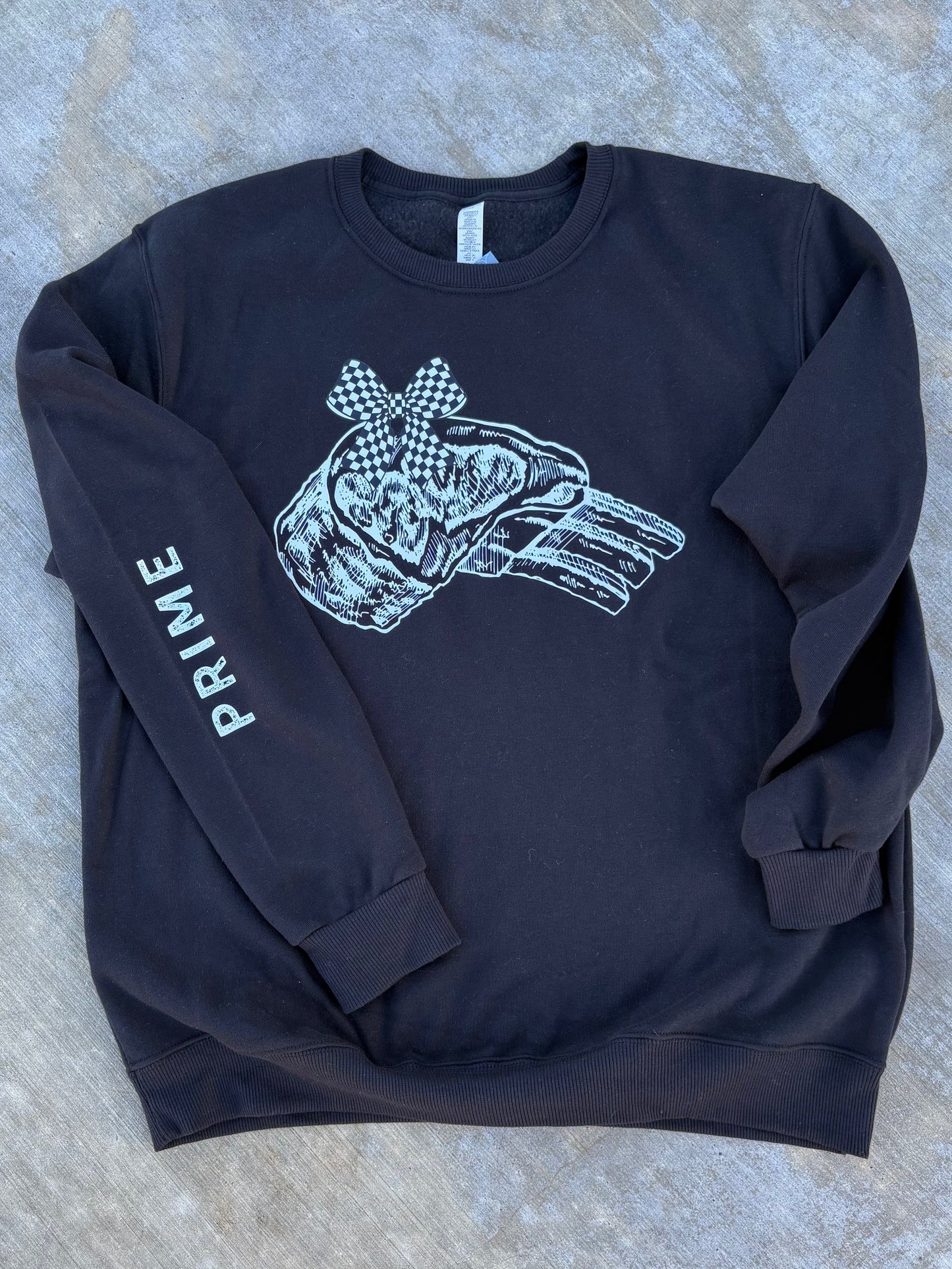 Prime Rib with Checkered Bow on a Grey or Black Crewneck Sweatshirt