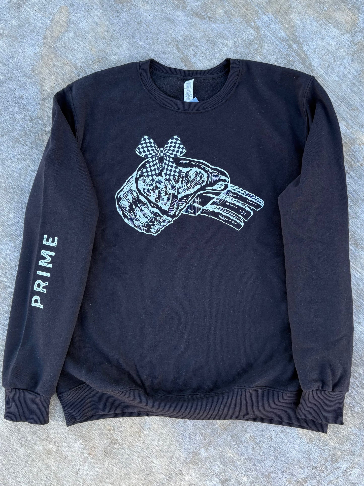 Prime Rib with Checkered Bow on a Grey or Black Crewneck Sweatshirt