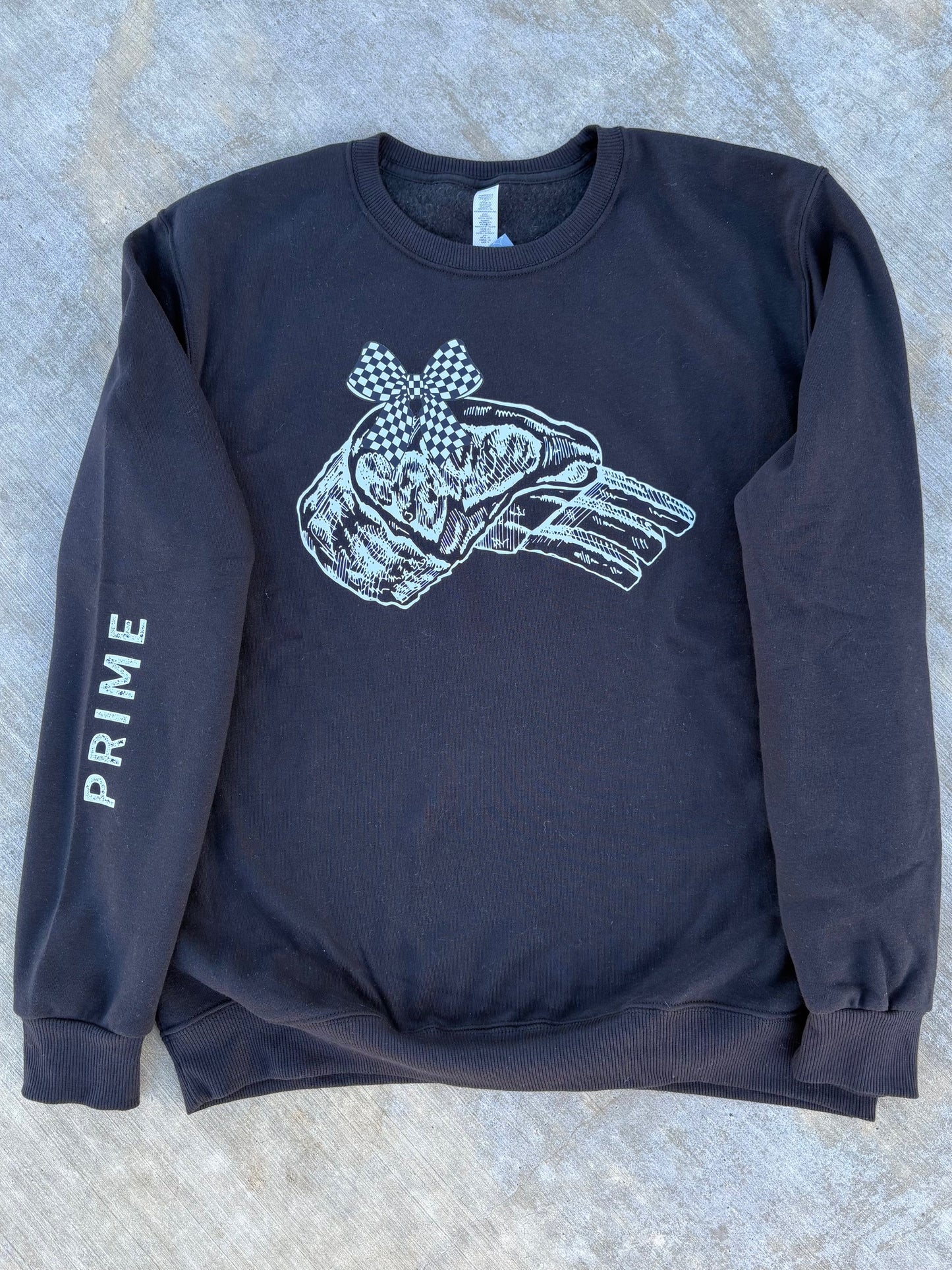 Prime Rib with Checkered Bow on a Grey or Black Crewneck Sweatshirt