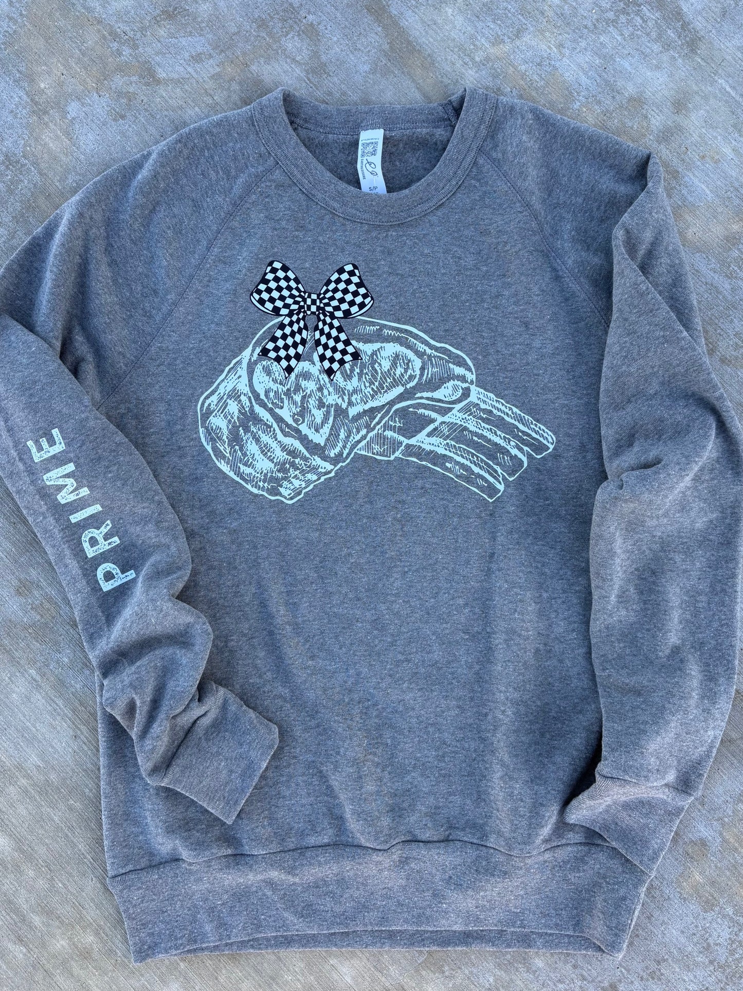 Prime Rib with Checkered Bow on a Grey or Black Crewneck Sweatshirt