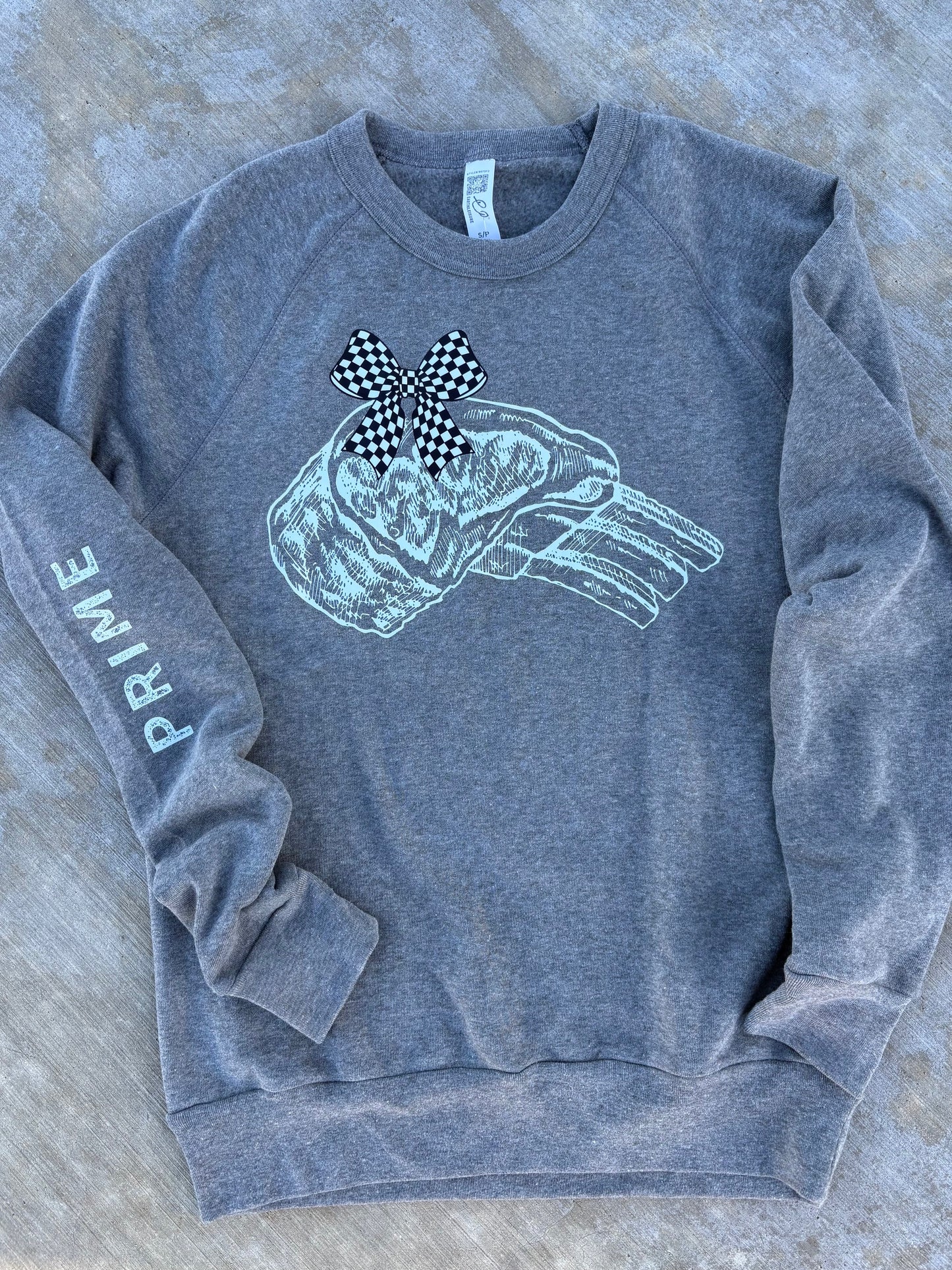 Prime Rib with Checkered Bow on a Grey or Black Crewneck Sweatshirt