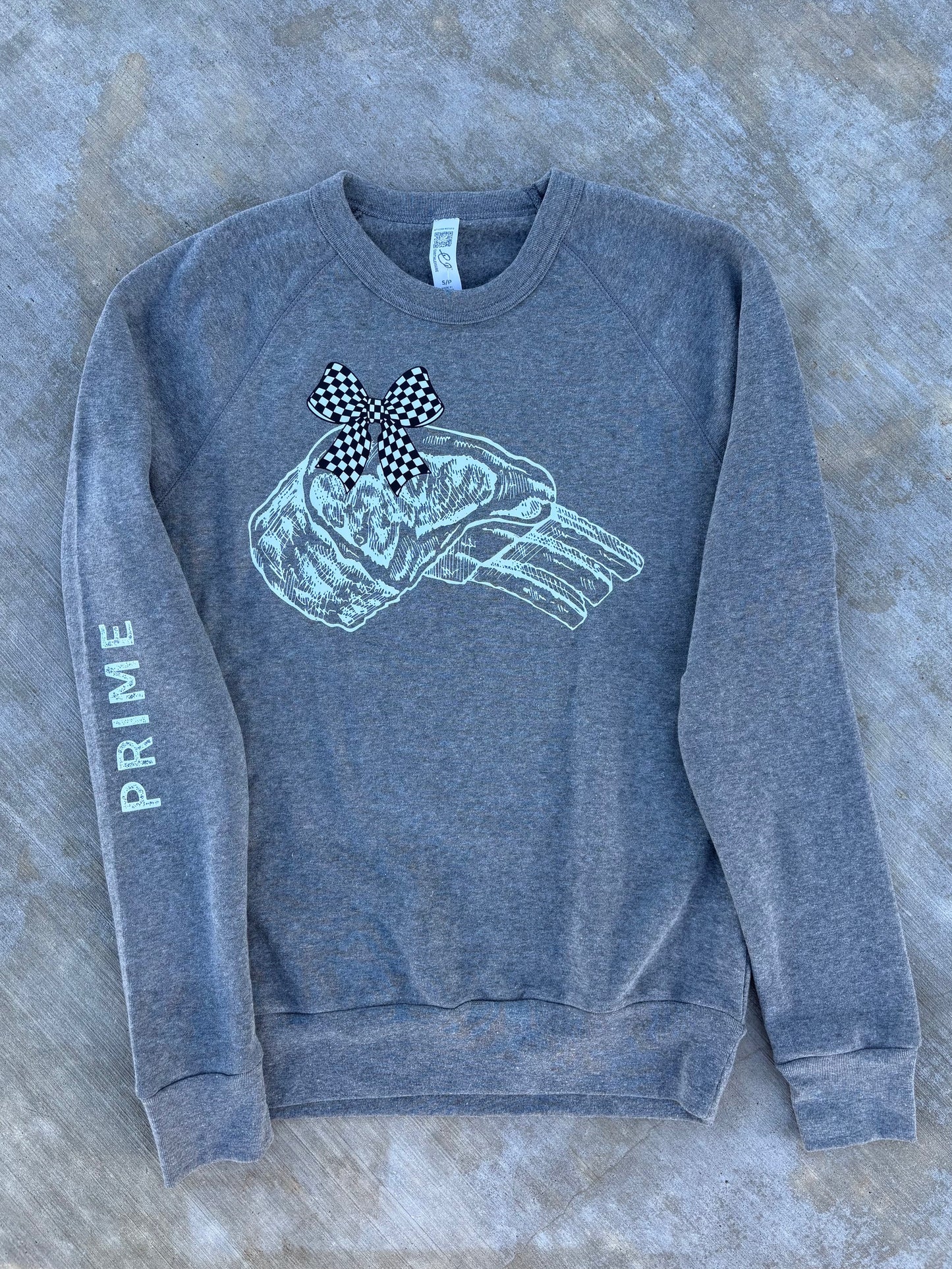 Prime Rib with Checkered Bow on a Grey or Black Crewneck Sweatshirt