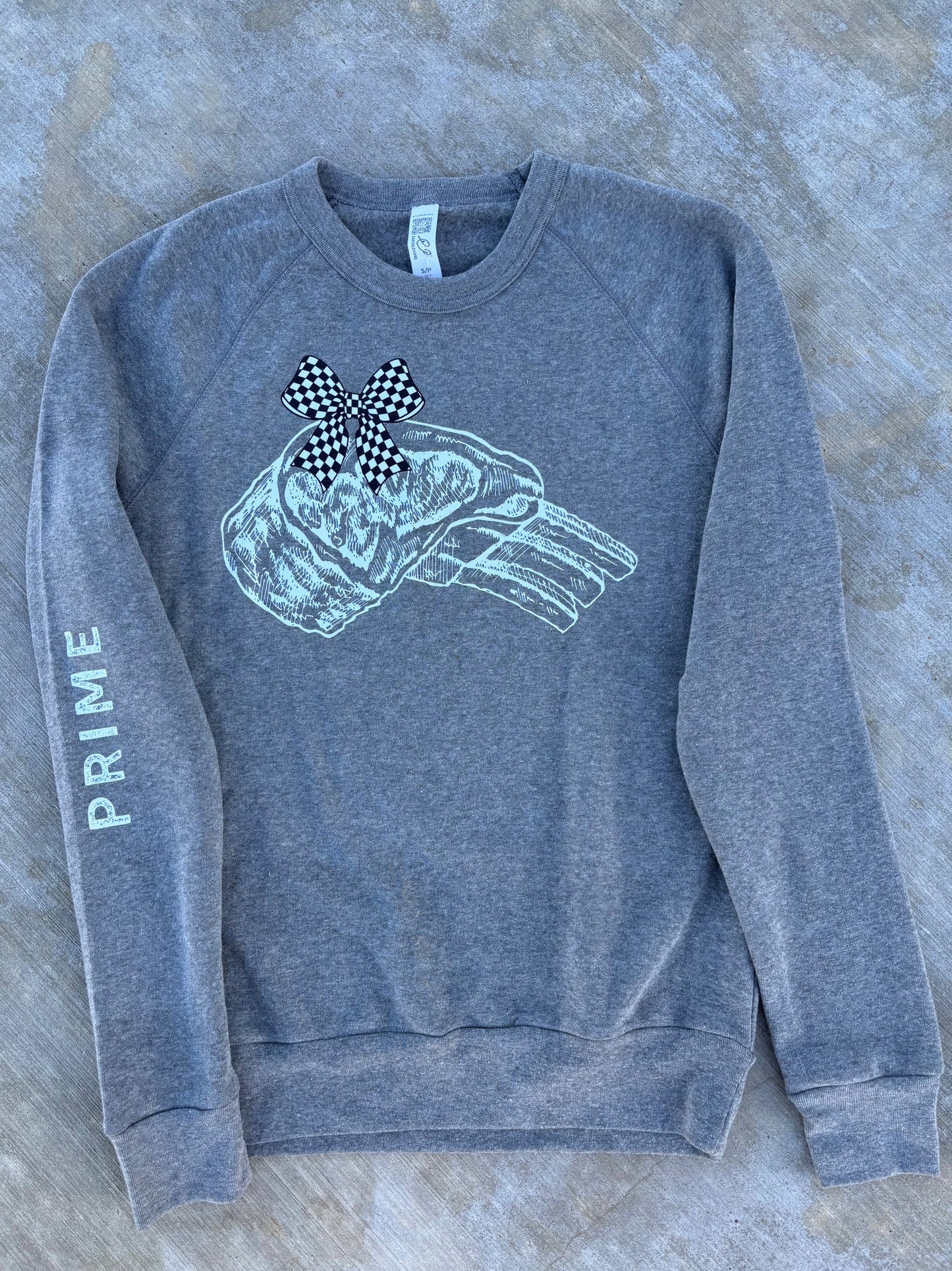 Prime Rib with Checkered Bow on a Grey or Black Crewneck Sweatshirt