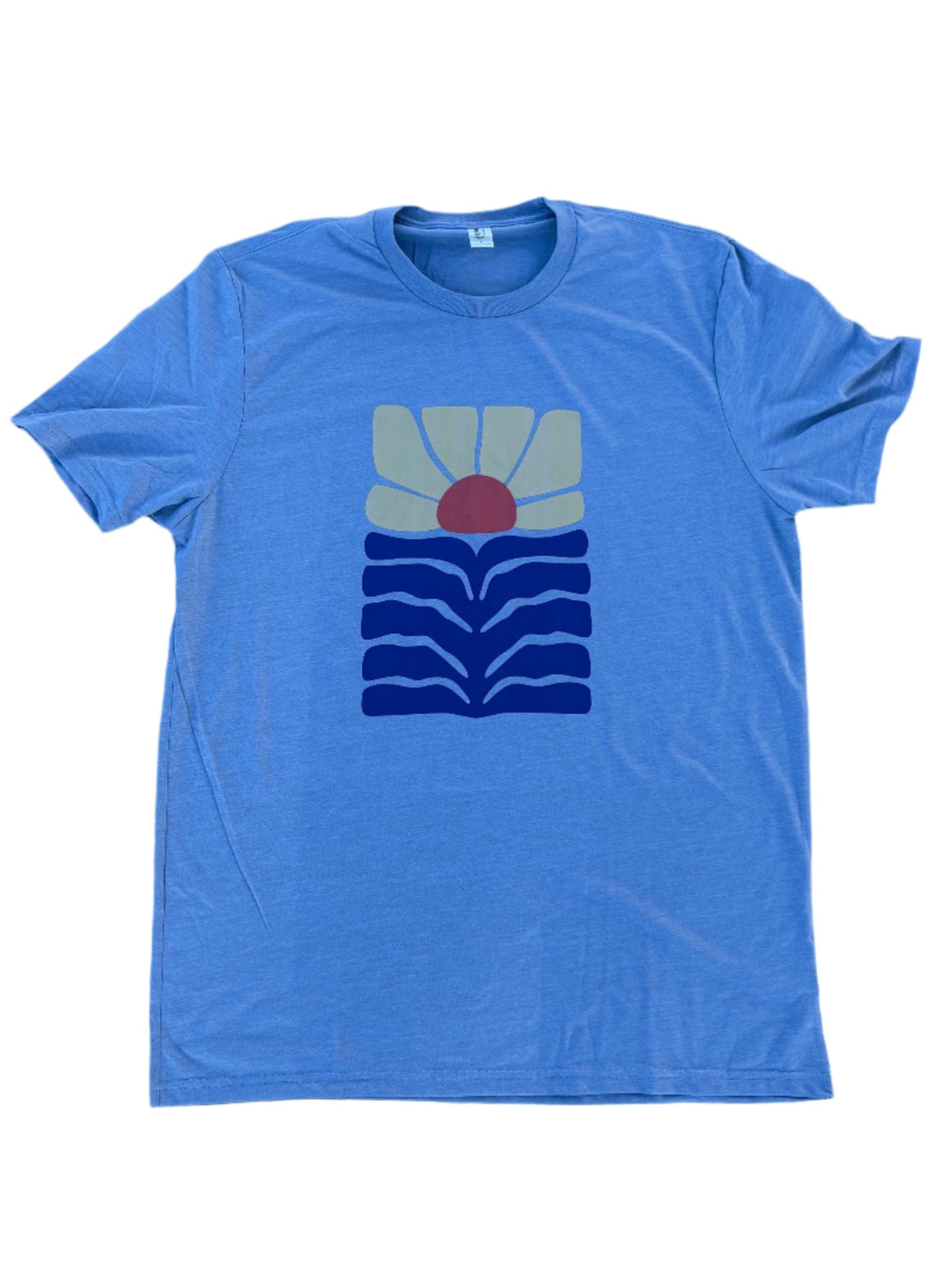 mid century blue, orange and yellow flower on light blue eco-friendly t-shirt