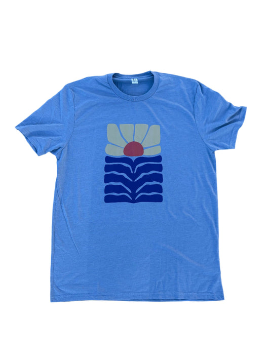 mid century blue, orange and yellow flower on light blue eco-friendly t-shirt