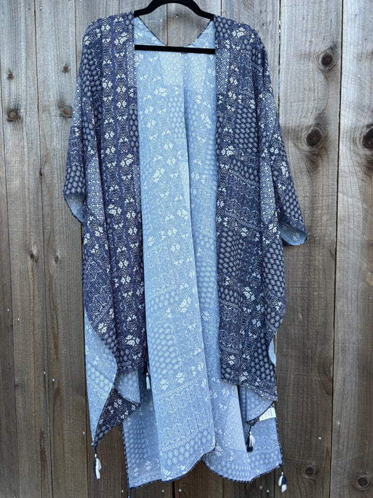 David & Dani Blue and White Kimono Cover Up with Tassles