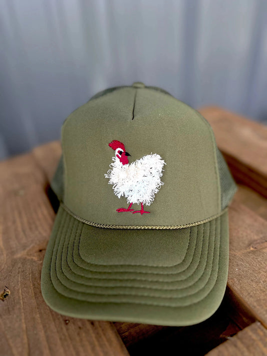 Mother Clucker Fluffy Chicken Embroidered Olive Green Trucker Hat