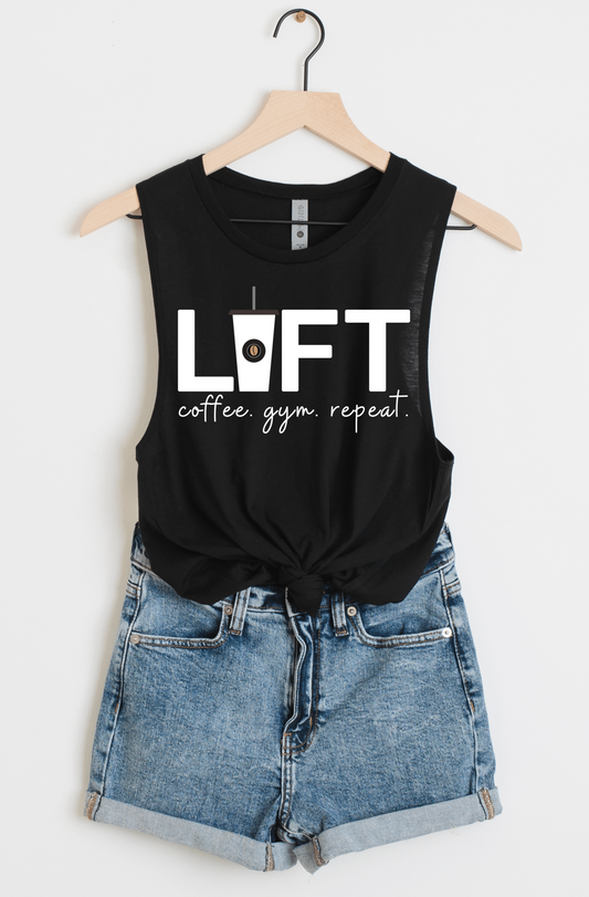 LIFT Coffee. Gym. Repeat. Black Muscle Tank Top