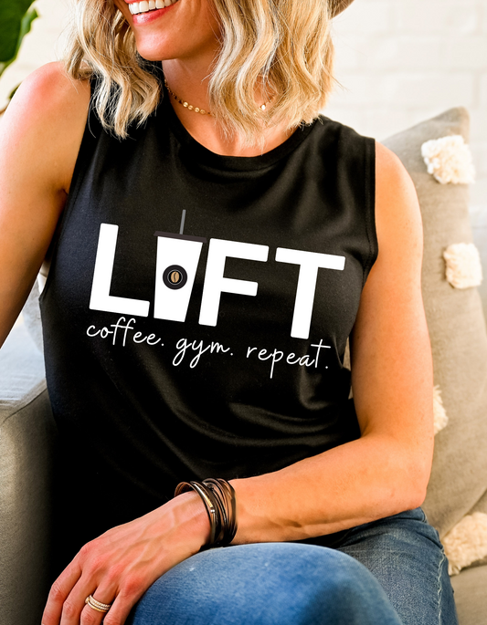 Black muscle tank top with LIFT printed in large white font. The I is a graphic of an iced coffee with "coffee. gym. repeat." printed below lift in cursive white. 