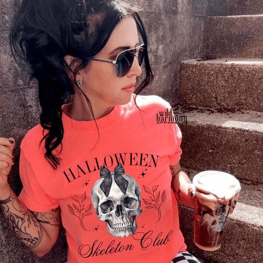 Neon Skeleton Club Skull & Bow Halloween Cotton Tee