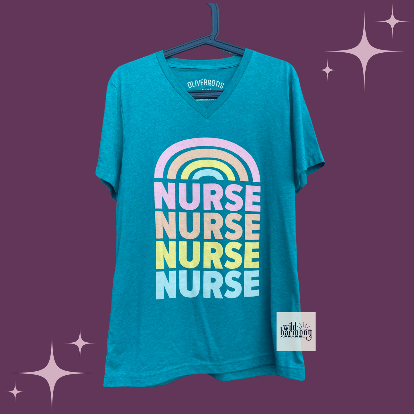 Nurse with Rainbow on Teal V-Neck T-Shirt