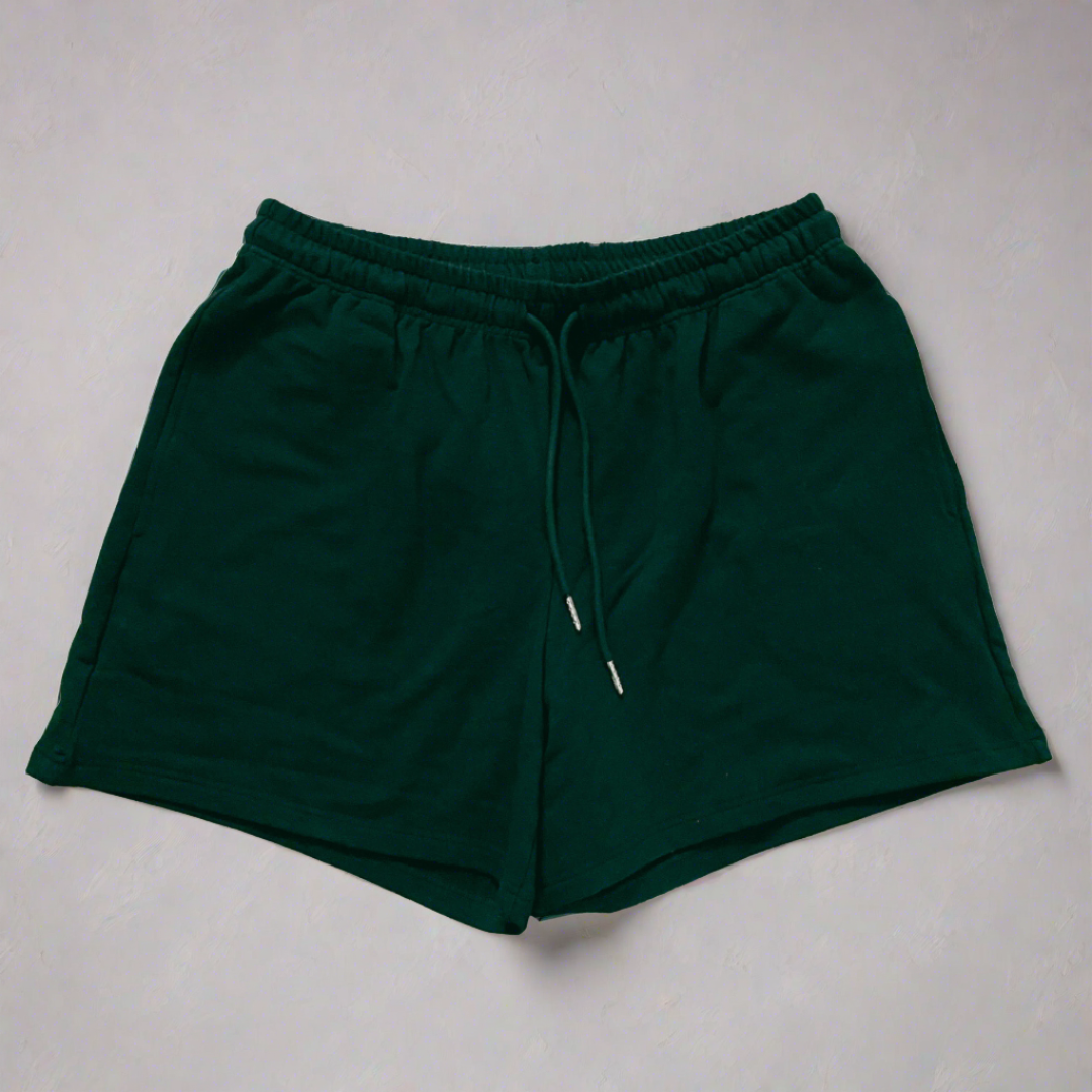 Black bamboo shorts with elastic waist and drawstrings. The drawstrings have silver tips on the end.