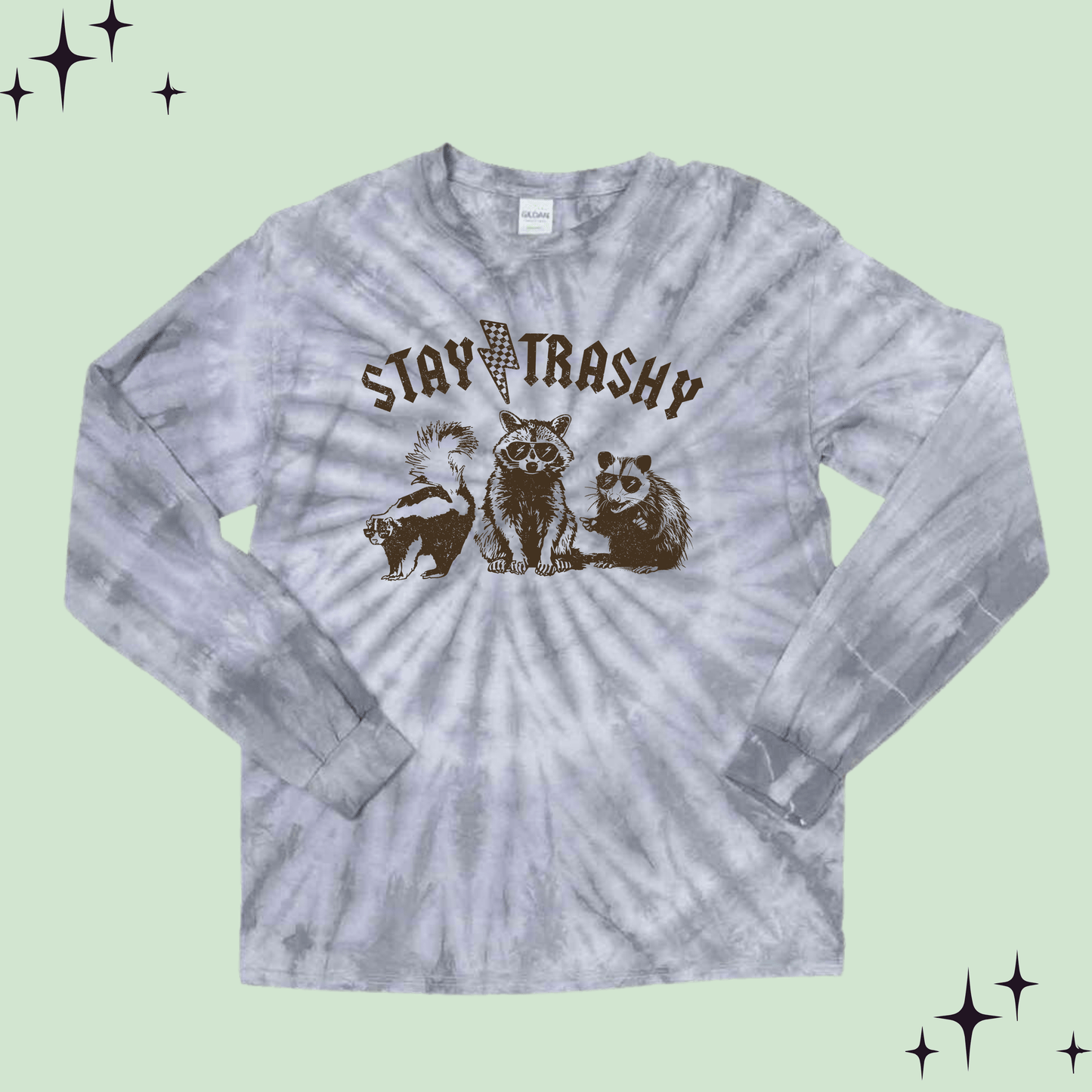 Stay Trashy Skunk Raccoon Opossum Silver Cyclone Tie Dyed Cotton Graphic T-Shirt