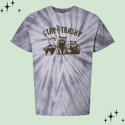 Stay Trashy Skunk Raccoon Opossum Silver Cyclone Tie Dyed Cotton Graphic T-Shirt