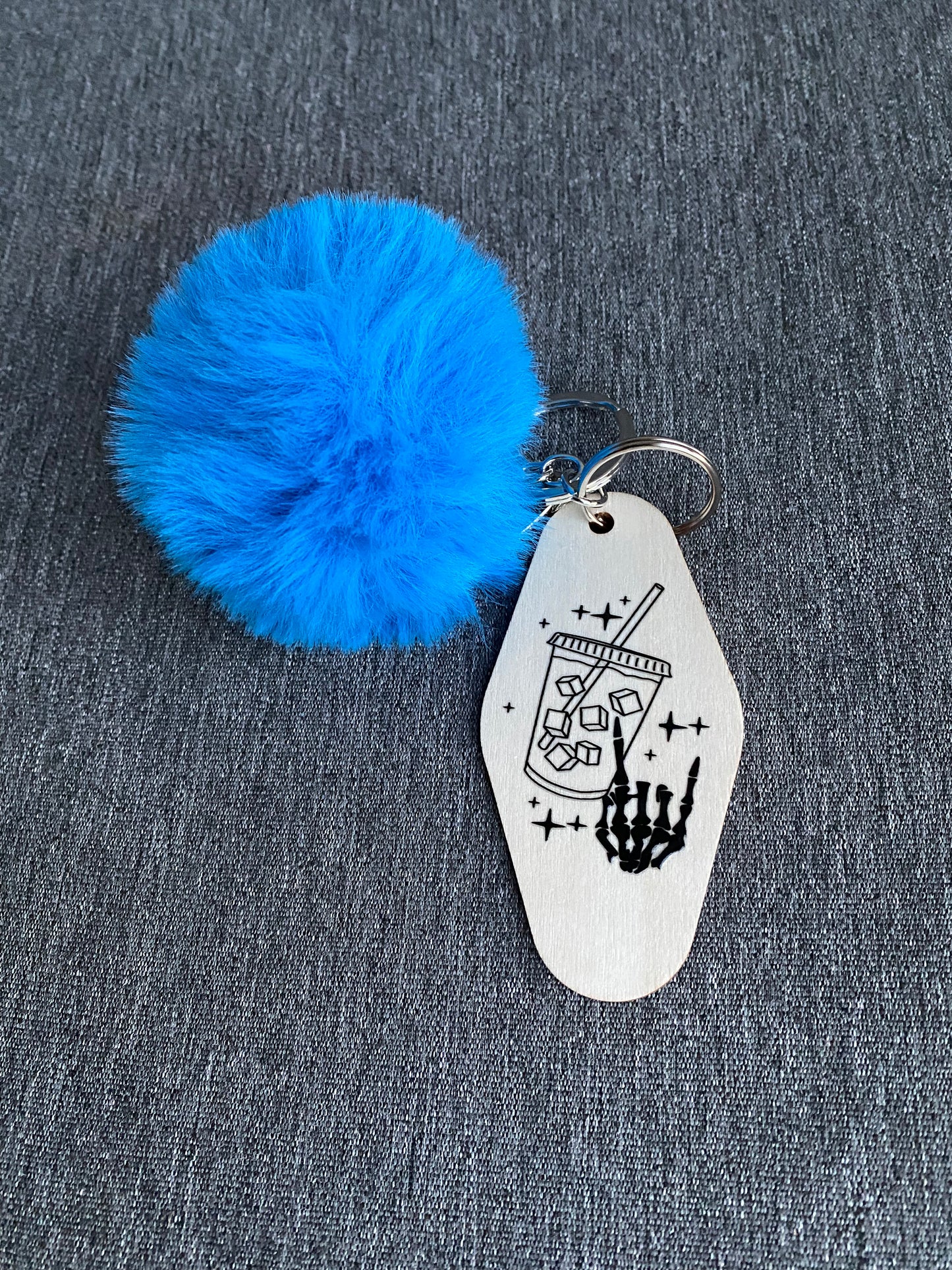 Iced Coffee + Skeleton Hand Vintage Motel Keychain with Fluff Ball