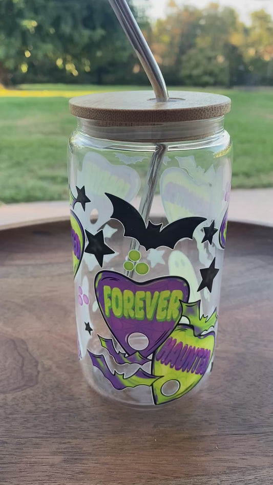 Forever Haunted 16oz Glass Halloween Cup with Lid and Straw