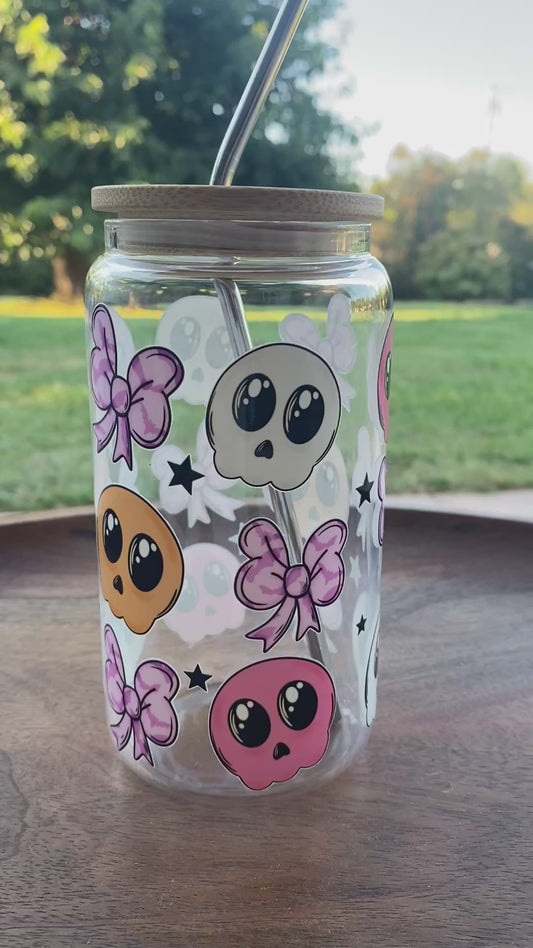 Skulls and Bows Glass Halloween Cup with Lid and Straw