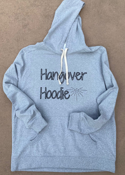 Gray Hoodie with "Hangover Hoodie" printed on the front in black with a simple moon burst to the side of the word "Hoodie"