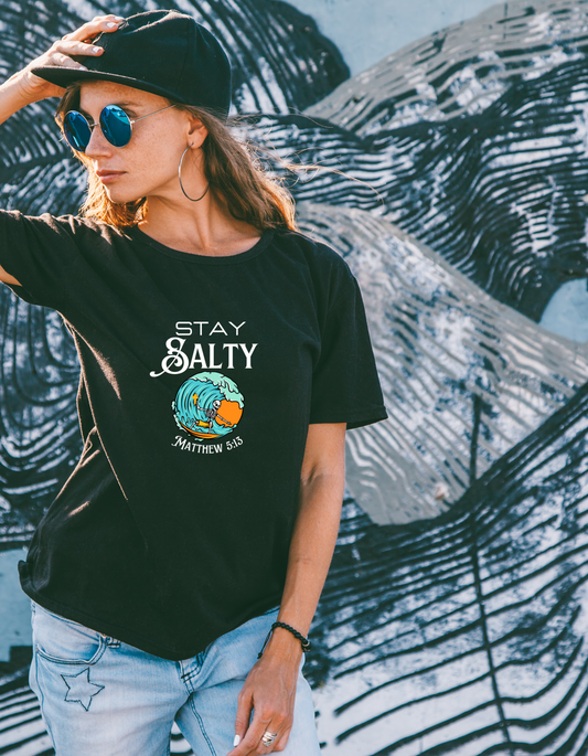 Stay Salty Surfing Skeleton Black Eco-Friendly T-Shirt