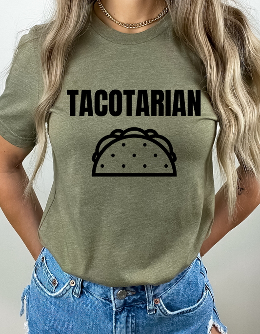 Olive green tee with TACOTARIAN across the chest in black and then a black outlined taco below the word.