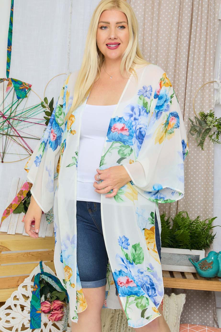 Wildflower Flowy Floral Long Sleeve Cover-Up Women's Medium Length Kimono