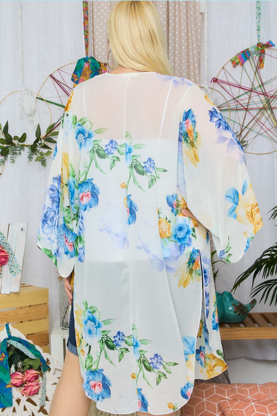 Wildflower Flowy Floral Long Sleeve Cover-Up Women's Medium Length Kimono