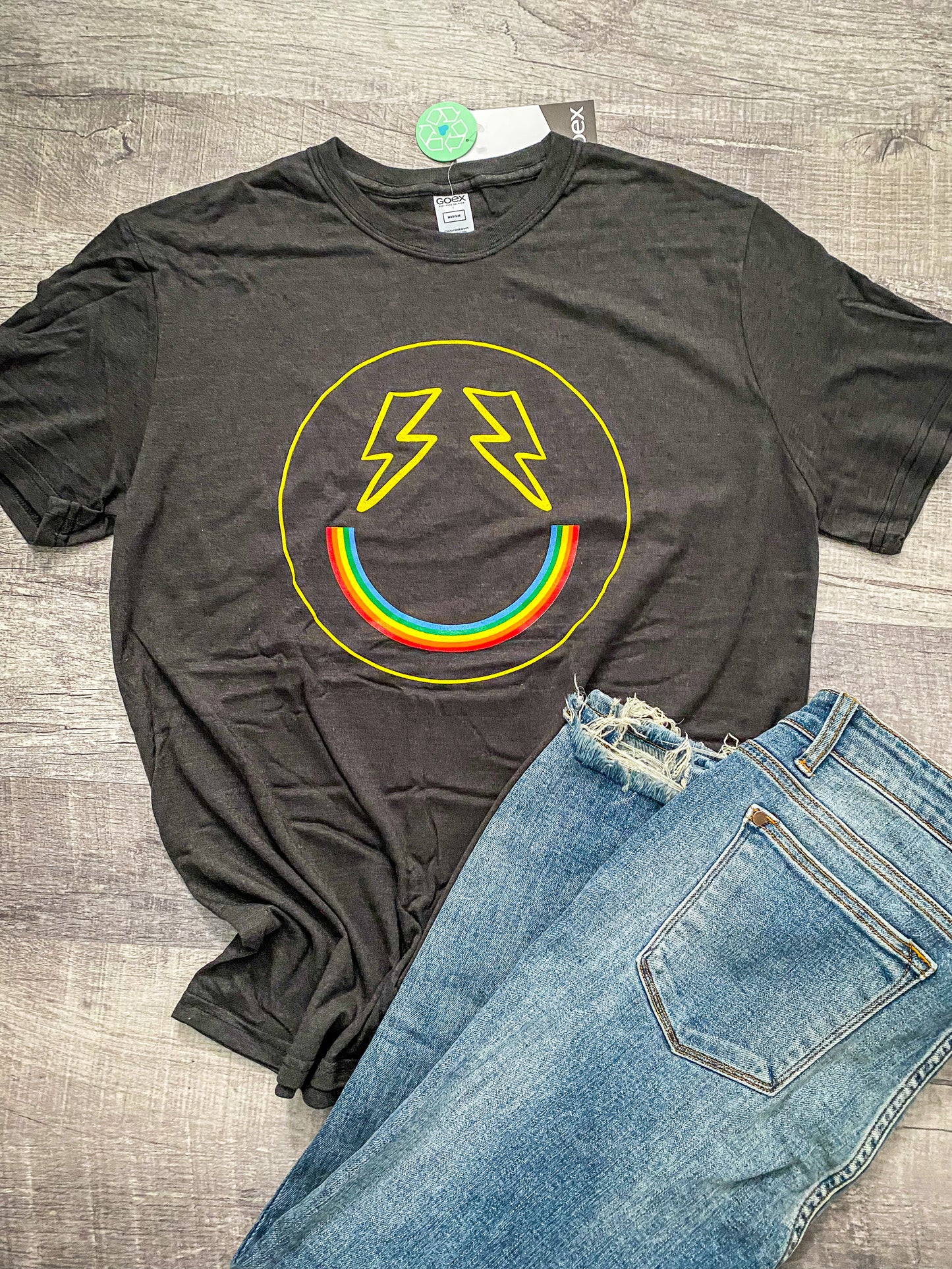 Rainbow Lightning Bolt Happy Eco-Friendly, Fair Trade Charcoal T-Shirt